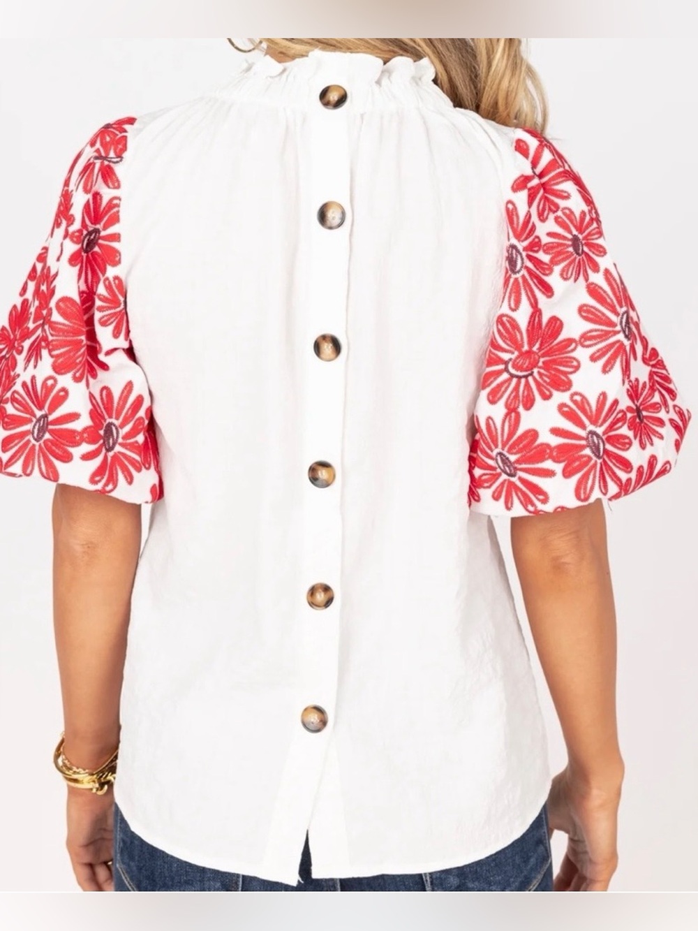 THML Ruffle Collar Puff Sleeve Floral Embroidered Blouse White and Red Size M - Picture 3 of 7